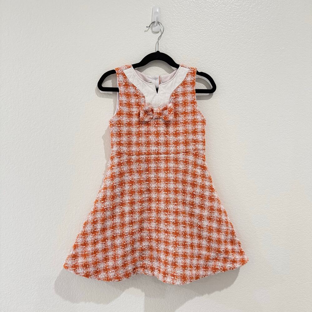 Janie and Jack Orange White Tweed Houndstooth Checkered Print Sleeveless Dress